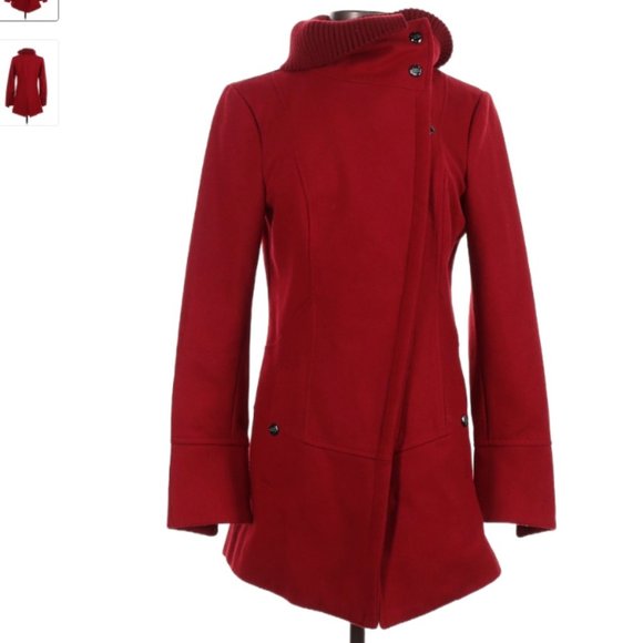 Steve Madden red wool coat -size small - pea coat style w/ detachable cowl neck - Picture 1 of 17